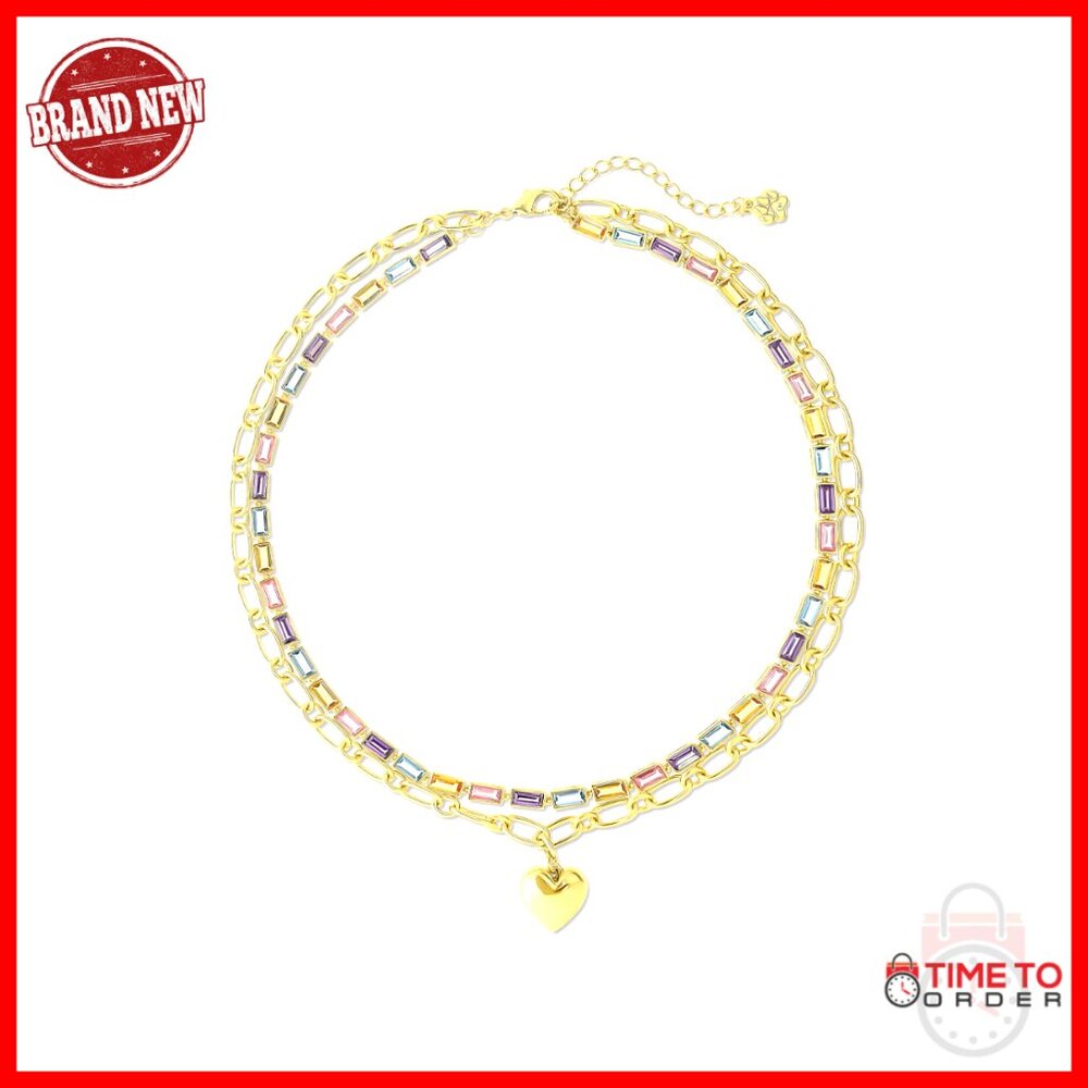 24k Gold Plated Layered Necklace With Heart Pendant And Crystals